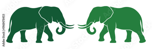 Two green elephant silhouettes facing each other, a powerful symbol of strength and opposition. Bold vector graphic for political campaigns, business strategy, or conflict resolution concepts.