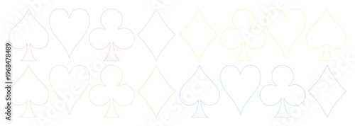 Subtle Pastel Playing Card Suits Vector Set, delicate outline illustrations of hearts, spades, clubs, and diamonds, ideal for gaming, casino, or elegant design projects