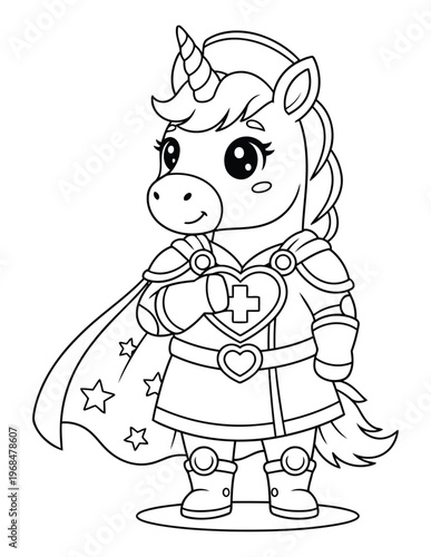 Unicorn cute superhero doctor character with cape and medical symbol line art coloring page