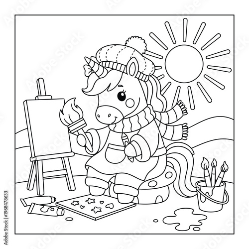 Unicorn cute artist character painting on canvas outdoors with art tools line art coloring page