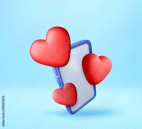 Smartphone with floating red 3d hearts. Social media notification and like reaction concept. Digital communication, online dating, and mobile messenger interaction. Vector illustration