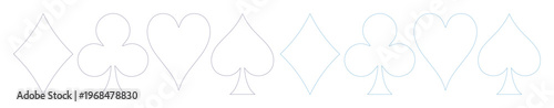 Minimalist Playing Card Suits Vector Set. Outline of Diamonds, Clubs, Hearts, and Spades. Simple Casino Game Symbols for Graphic Design and UI Elements.