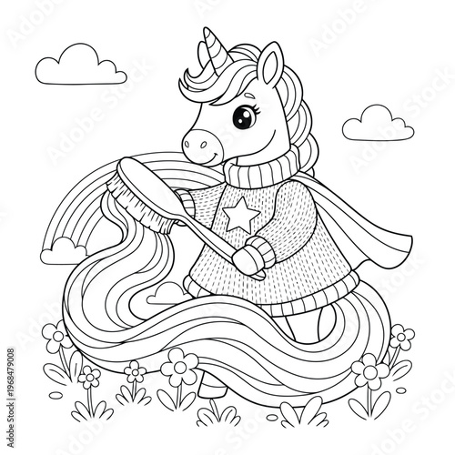 Unicorn cute character brushing long hair with rainbow in nature line art coloring page