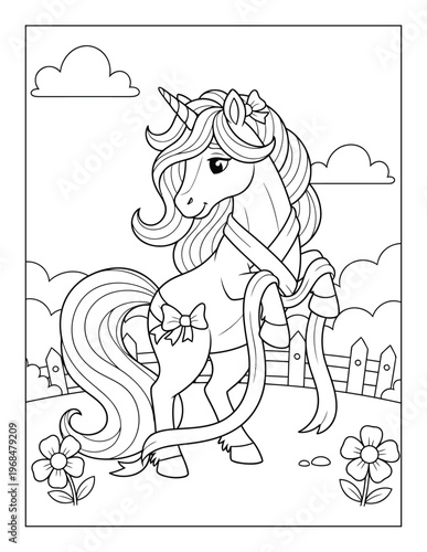 Unicorn cute character with bow and flowing mane in garden line art coloring page