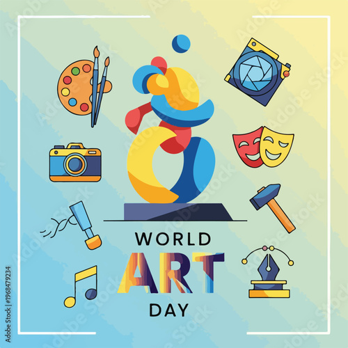 Colorful illustration celebrating World Art Day, featuring diverse art forms (1)