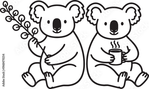 two koalas sitting with eucalyptus leaf and coffee cup