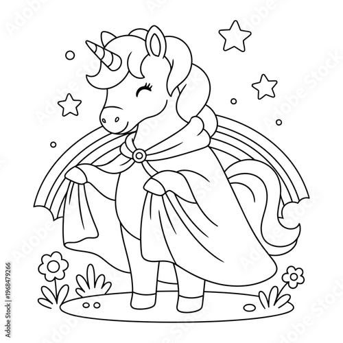 Unicorn princess character with cape and rainbow in cute outline coloring page