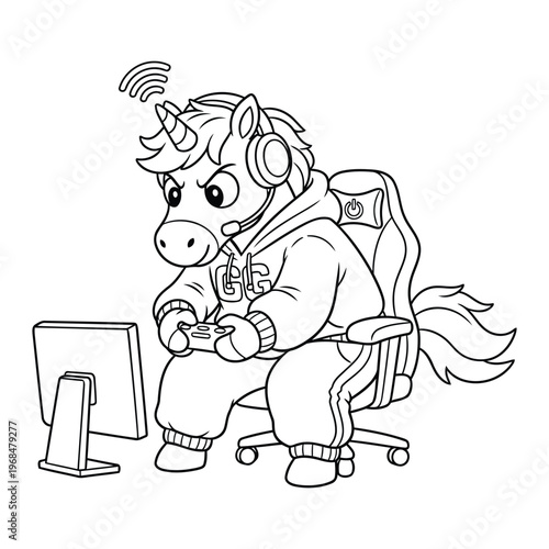 Unicorn gamer character playing video game with headset cute outline coloring page