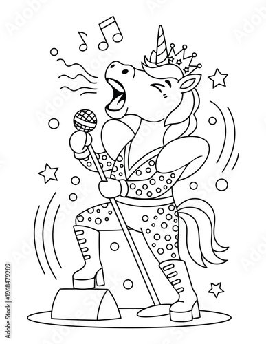 Unicorn photographer character taking picture with camera in cute outline coloring page