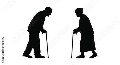 Elderly couple facing each other with walking sticks a dark silhouette