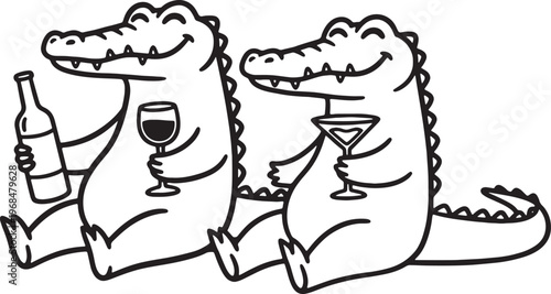 Two cartoon crocodiles drinking wine and cocktail