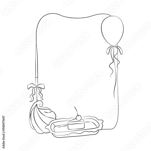 Hand-drawn birthday card template with decorative frame, festive air balloon, rococo shell and birthday cake in line art graphic 