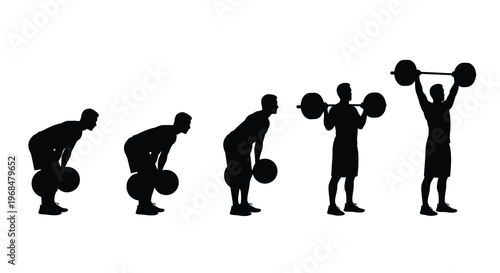 Weightlifting progression depicted in a series of black figures silhouette