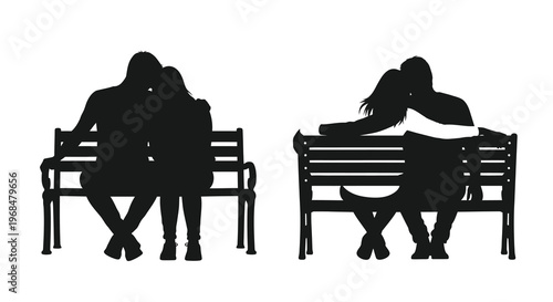 Couple sharing intimate moments on a park bench black silhouette