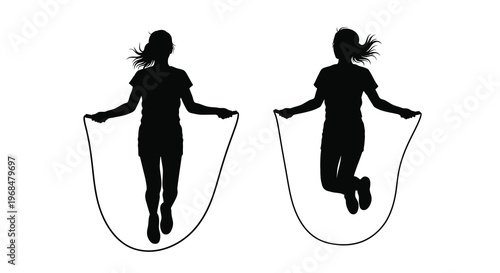 Two women jumping rope depicted as a striking black silhouette