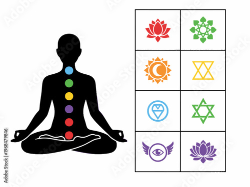 Meditating silhouette with seven chakras and spiritual icons