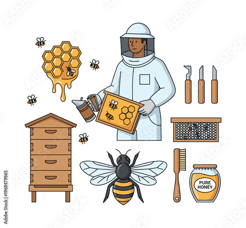 Beekeeper in protective suit working with beehives, collecting honey from honeycomb framed cells, and using various beekeeping equipment