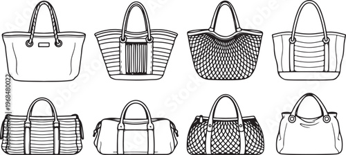 Various styles of handbags and purses illustrated in simple line drawings Vector