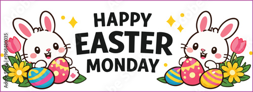 Happy easter monday banner with cute cartoon bunnies, colorful decorated eggs and spring flowers