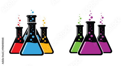 Colorful chemistry beakers with bubbling liquids a striking silhouette