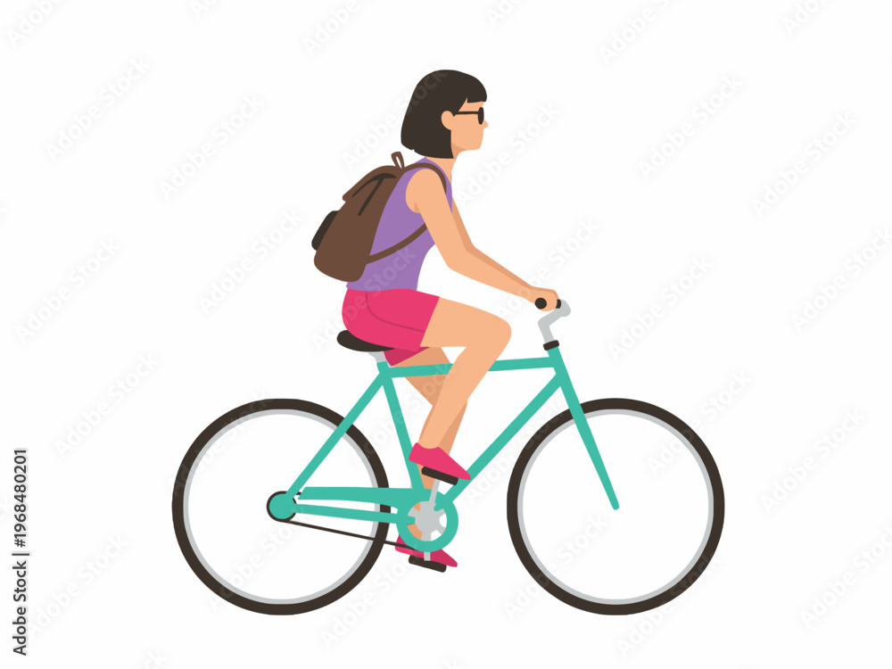 Obraz premium Woman Riding Bicycle with Backpack Isolated on White Background