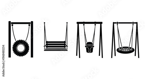 Four distinct playground swings presented in a striking black silhouette
