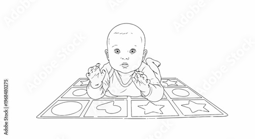 A baby lying on its stomach on a patterned mat