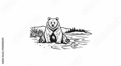A bear sits peacefully by a lake with trees and mountains in the background