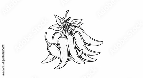 A black and white drawing of a bunch of ripe peppers with leaves