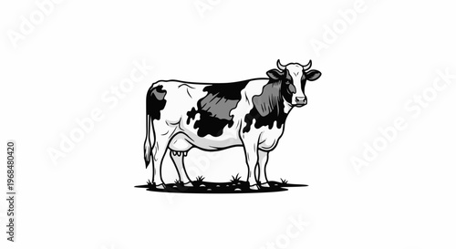 A black and white cartoon illustration of a Holstein cow standing on grass
