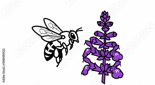 A black and white drawing of a bee flying towards a purple flowering plant