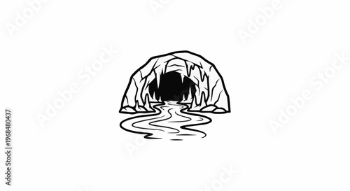 A black and white drawing of a cave entrance with a river flowing out