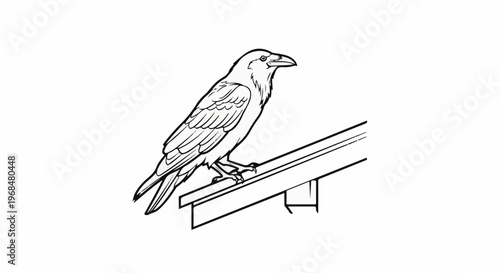 A black and white drawing of a crow perched on a rafter