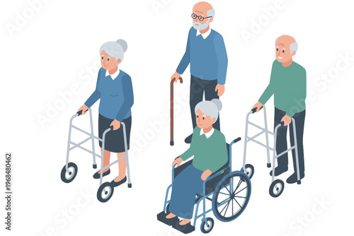 Senior people using wheelchair and walker mobility equipment isometric