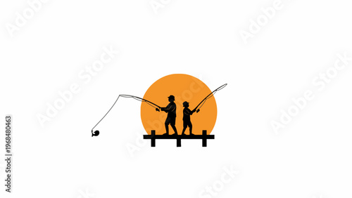 Father and son silhouette fishing on pier with sunset background