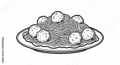 A black and white drawing of a plate piled high with spaghetti and meatballs