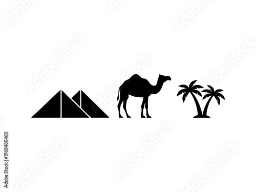 Egypt desert silhouette set with pyramids camel and palm trees