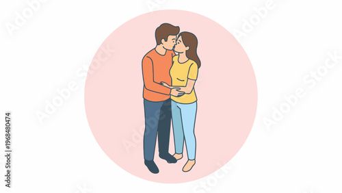 Romantic couple kissing and hugging in pink circle illustration