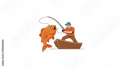 Fisherman Catching Large Orange Fish from a Boat Illustration
