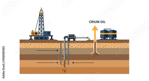Illustrated diagram depicting the extraction of crude oil from a subterranean reservoir by a drilling rig with pumping equipment, visualized in a flat, infographic style against a plain