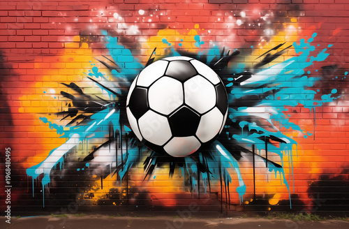Soccer ball graffiti mural on urban brick wall with colorful orange and blue paint splashes and textures