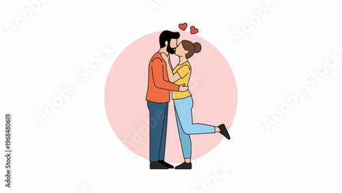 Couple kissing with hearts flat vector illustration