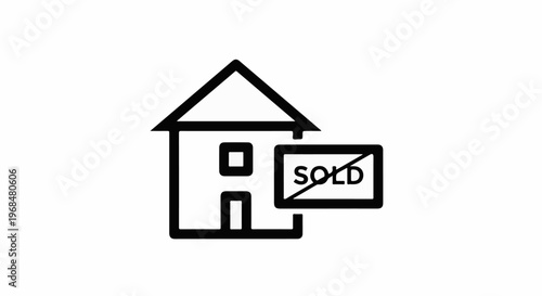 A black and white icon of a house with a "SOLD" sign