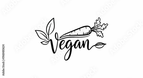 A black and white illustration features the word "Vegan" in cursive