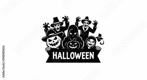 A black and white illustration featuring spooky Halloween characters and the word Halloween