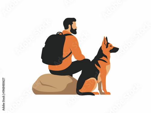 Man with Backpack and German Shepherd Dog Sitting on Rock