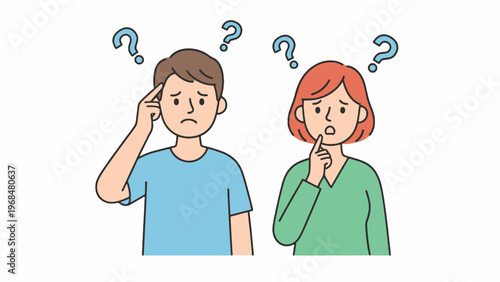 Confused man and woman thinking with question marks illustration
