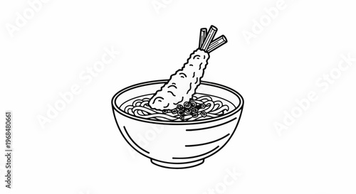 A black and white illustration of a bowl of noodles with a single tempura shrimp