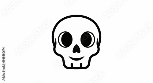 A black and white illustration of a cartoon skull with large circular eyes and a smiling mouth