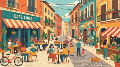 Quadro su tela People Eating at Outdoor Cafe.